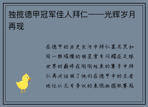 独揽德甲冠军佳人拜仁——光辉岁月再现